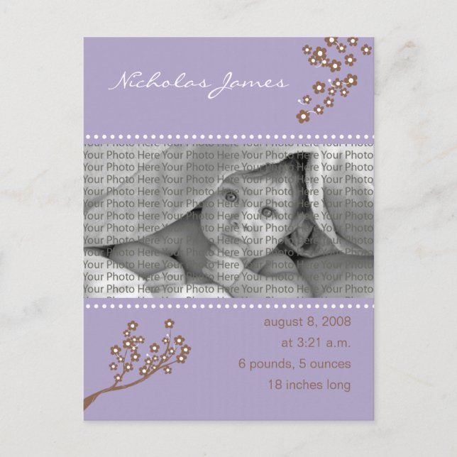 {TBA} Baby Birth Notification Lila Gren Meddelande Vykort (Framsida)