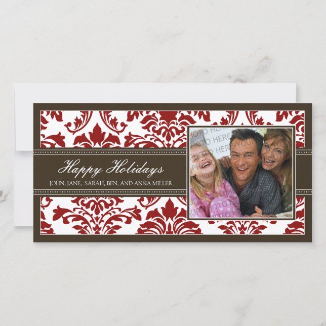 {TBA} Elegant Brown & Red Damask Glad helg Julkort (Framsida)