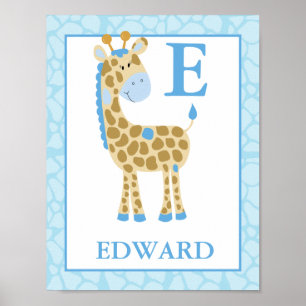 {TBA} JUNGLE GIRAFFE BLUE BOY CUSTOM NAME SKRIV UT POSTER
