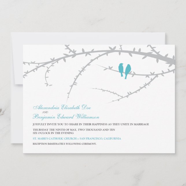 {TBA} Love birds som gifta sig inbjudan (aqua) (Framsida)