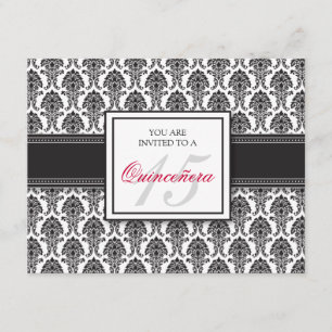 {TBA} SVENSKA Svart Damask Quinceanera-inbjudan Inbjudningar