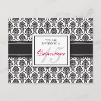 {TBA} SVENSKA Svart Damask Quinceanera-inbjudan Inbjudningar