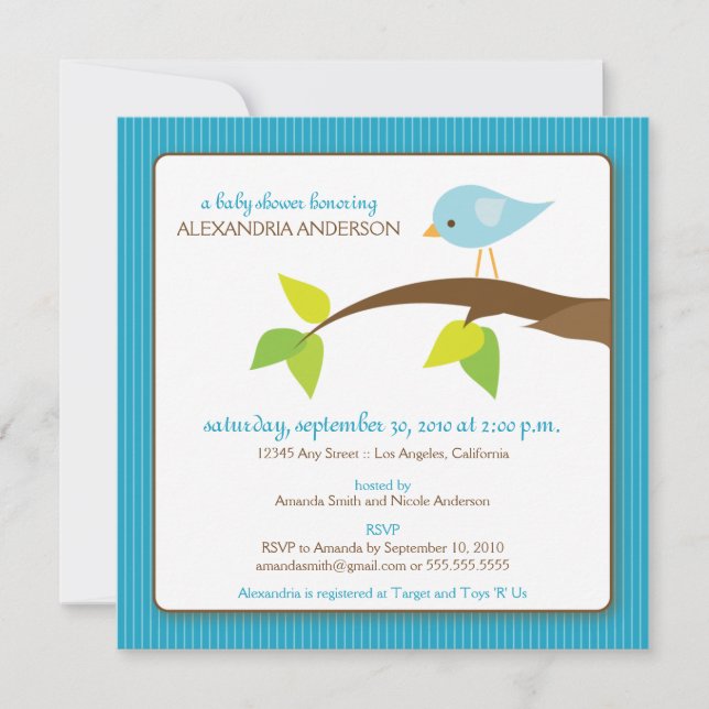 {TBA} Tweet Tweet Baby Shower-inbjudan (aqua) Inbjudningar (Framsida)