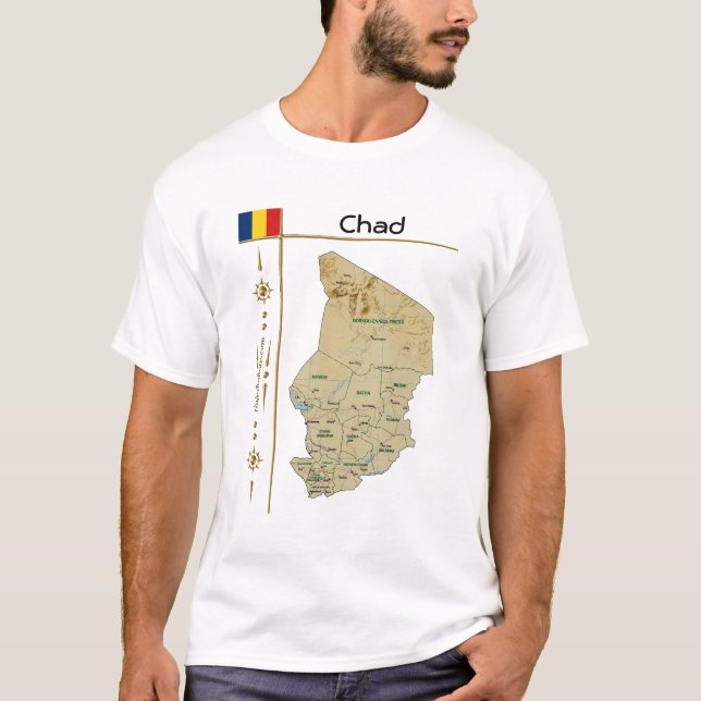Tchad Karta + Flagga + Rubrik T-skirt Tee (Framsida)