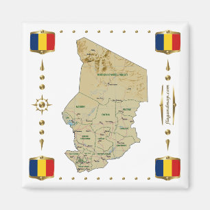 Tchad Karta + Flaggor Magnet