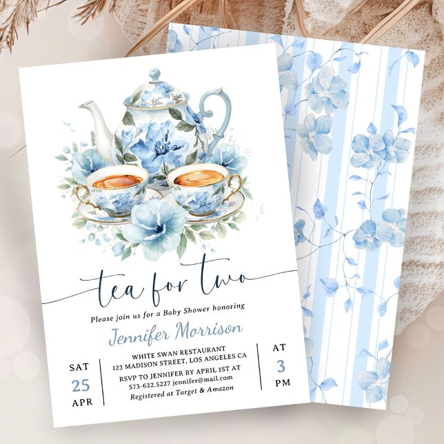 Te För Två Baby Shower Pojke Damblå Inbjudningar (Skapare uppladdad)