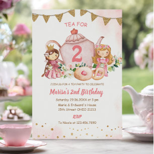 Te för två prinsessa 2:a födelsedagen Party Inbjudningar