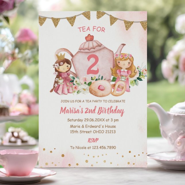 Te för två prinsessa 2:a födelsedagen Party Inbjudningar (Skapare uppladdad)