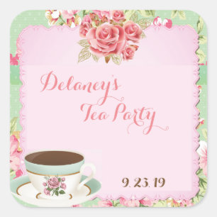 Te-klistermärken i shabby chic Möhippa party Fyrkantigt Klistermärke