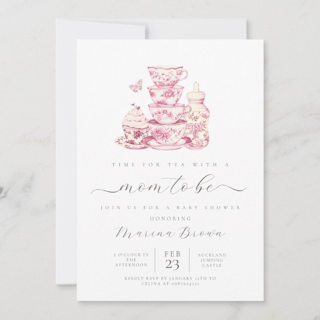 Te med den blivande mamman baby shower inbjudningar (Framsida)