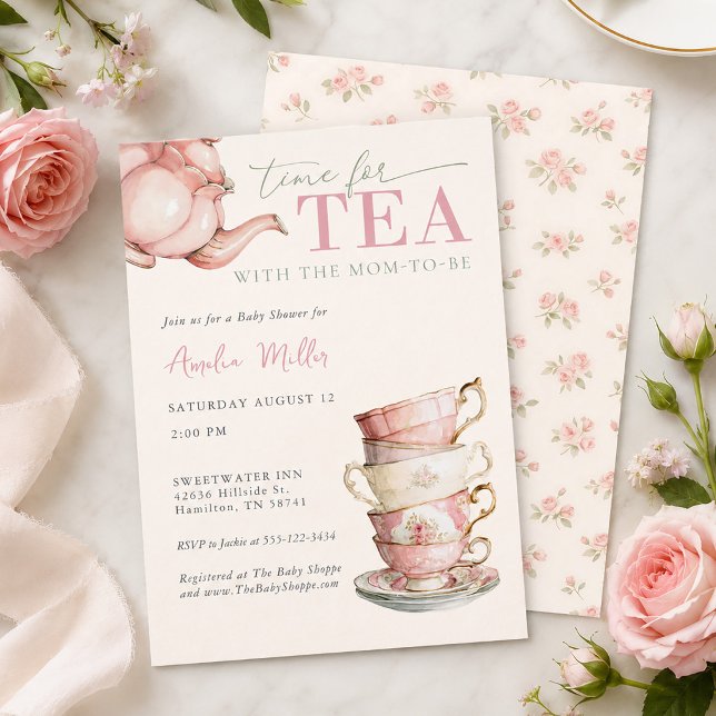 Té med den blivande mamman Rosa blomster Babyshowe Inbjudningar (Tea with the Mom-to-be Pink Floral Baby Shower Invitation)