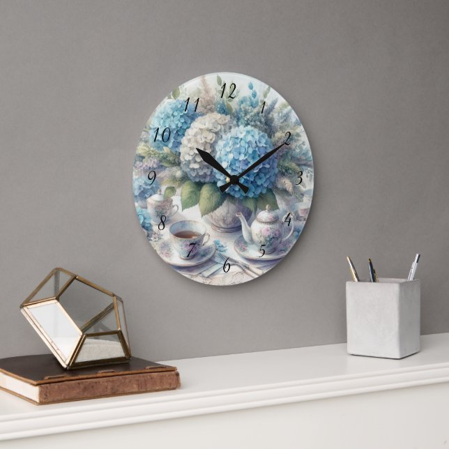 Te- Tekanna och Blue Hydrangia Wall Clock Stor Klocka (Kontor)