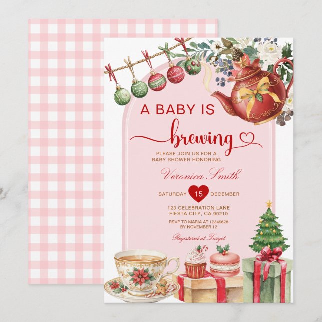 Tea A Baby is Brewing Christmas Bow Baby Shower Inbjudningar (Fram/baksida)