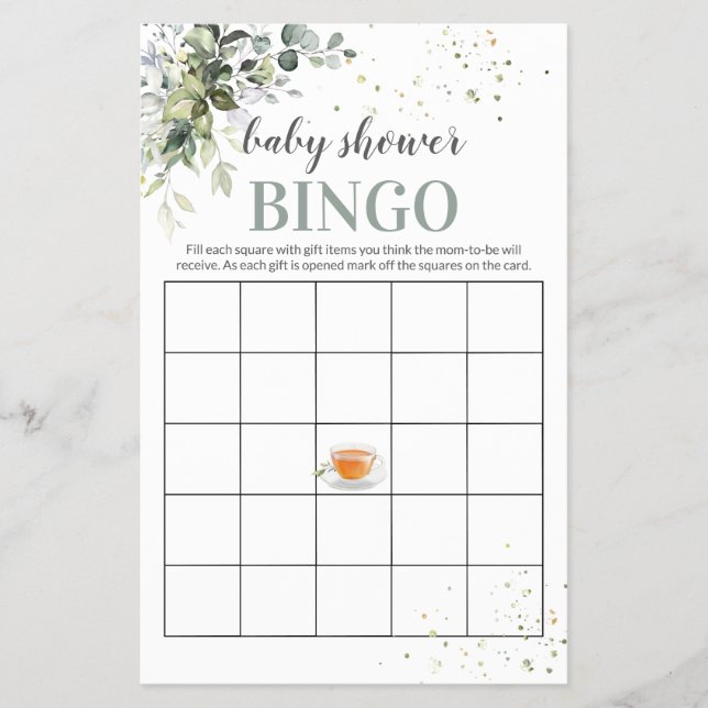 Tea and Greenery Baby Shower Game Bingo Kort Flyer (Framsidan)