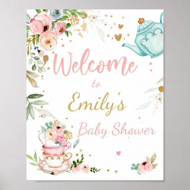 Tea Baby Shower baby är Brewing Girl Välkomstskylt Poster (Framsidan)
