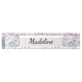 Tea & Bookish Cats Personalized Desk Nameplate