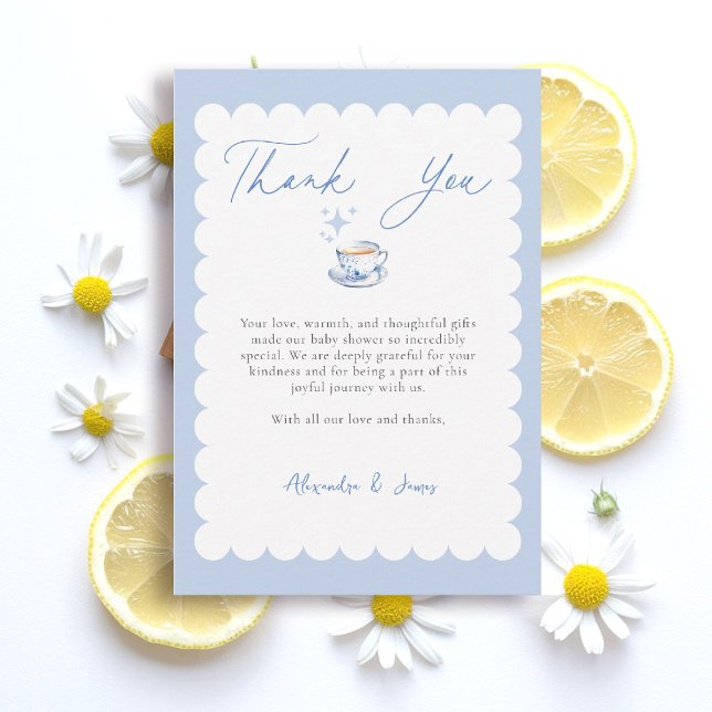 Tea Brewing Script Blå Tema Script Barnkalas Tack Kort (boy baby shower thank you card tea brewing theme blue watercolor elegant modern stylish classy)