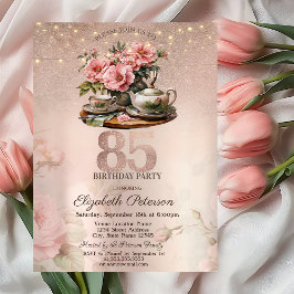  Tea Cup Blommor Glitter Rose Guld 85-årsdag   Inbjudningar