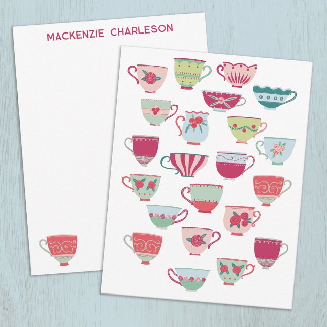 Tea Cups Fun Retro Vintage Personalized Anteckningskort (Retro China Teacups personalized name or text notecards)