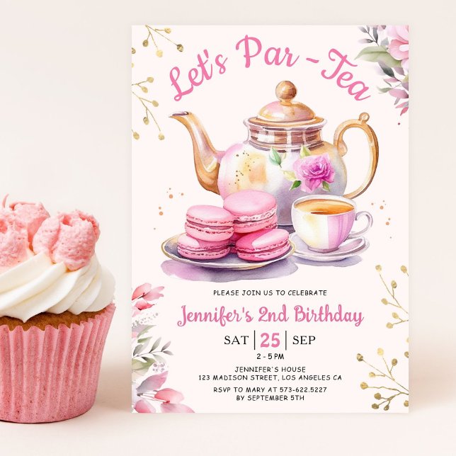 Tea Födelsedagsfest Girl Rosa Låt oss Par-Tea Inbjudningar (Skapare uppladdad)