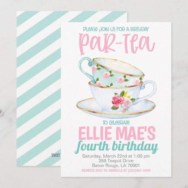 Tea Födelsedagsfest inbjudan (Fram/baksida)