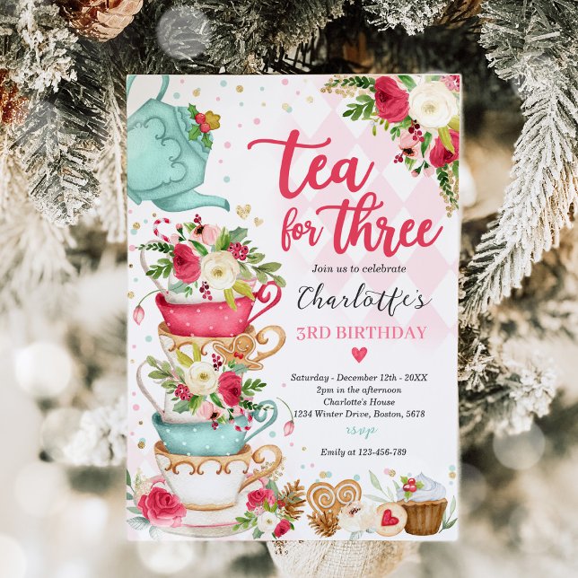 Tea-Födelsedagsfesten i julklapp i tre Party Inbjudningar (Skapare uppladdad)
