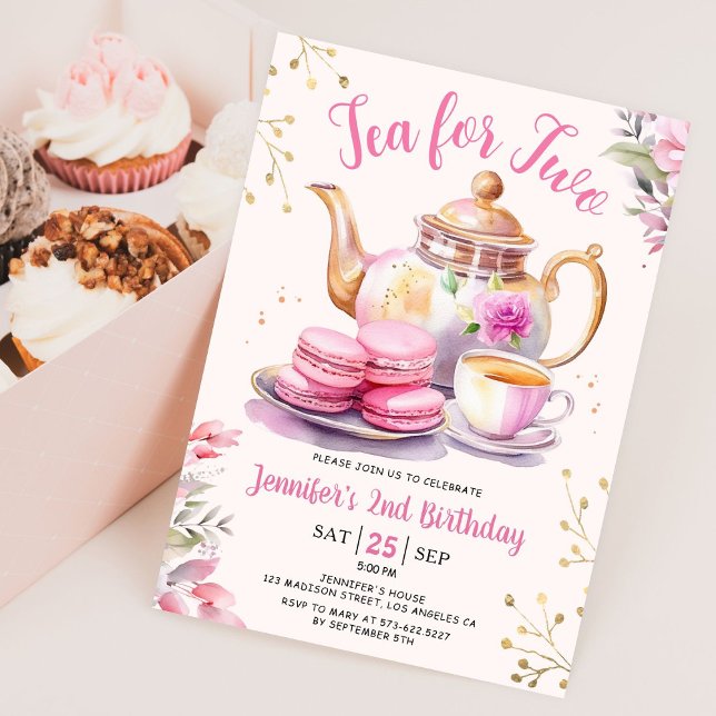 Tea för 2:a födelsedag Rosa Tea Party Inv Inbjudningar (Skapare uppladdad)