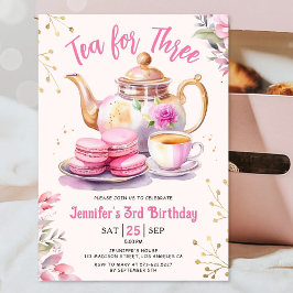 Tea för 3:e födelsedagstalen Rosa Tea Party Inbjudningar