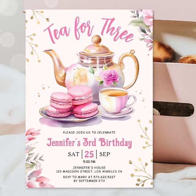 Tea för 3:e födelsedagstalen Rosa Tea Party Inbjudningar (Skapare uppladdad)
