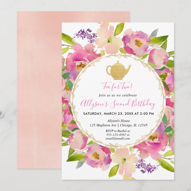 Tea för födelsedag för två rodna rosa blom- inbjudningar (Fram/baksida)