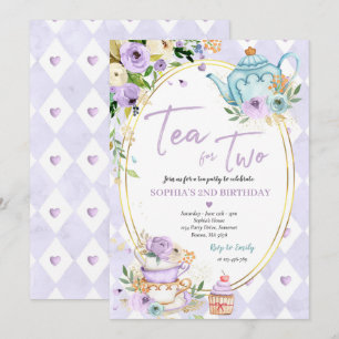 Tea för Födelsedagsfest av två Lilac- och Guld-Blo Inbjudningar