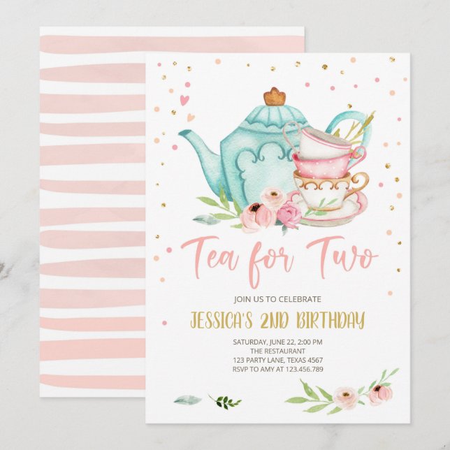 Tea för Inbjudan Blommigt Tea Party flicka på två  (Fram/baksida)