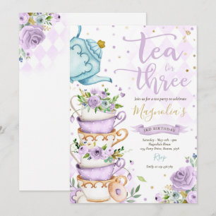 Tea för Lila Blommigt i tre dagar Tea Party Inbjudningar