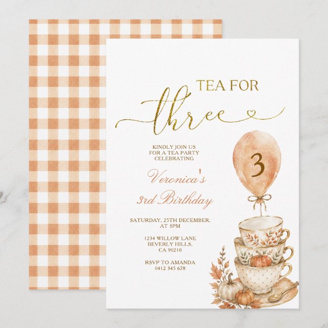Tea for Three 3-års födelsedagspumpa höstblommor Inbjudningar (Fram/baksida)
