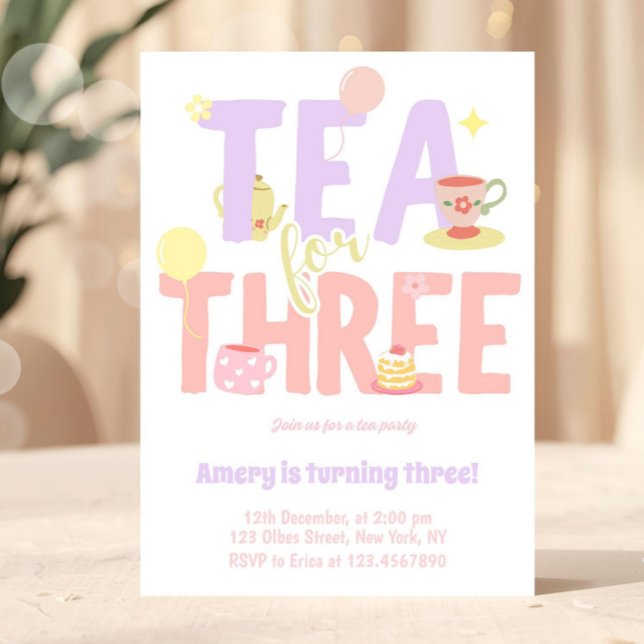 Tea For Three Birthday Pink Pastel Tea Party Inbjudningar (tea party invitation, tea party, girly tea party, par tea invitation, whimsical tea party, garden te)