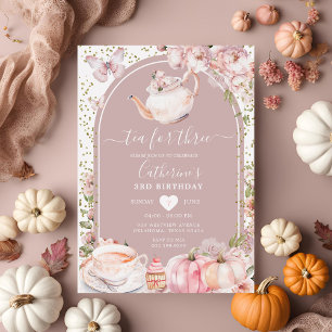 Tea for Three Rosa Peony Pumpkin Fall 3rd Birthday Inbjudningar