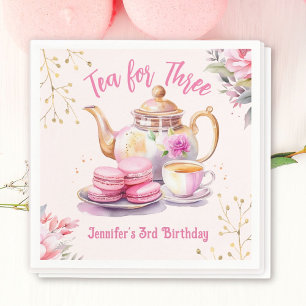 Tea för tre! Flickans Rosa Blommigt 3:e födelsedag Pappersservett