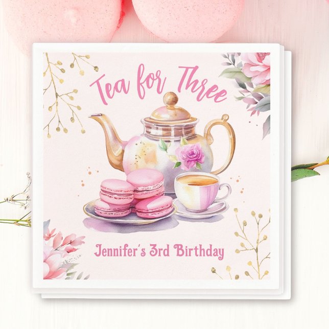 Tea för tre! Flickans Rosa Blommigt 3:e födelsedag Pappersservett (Skapare uppladdad)