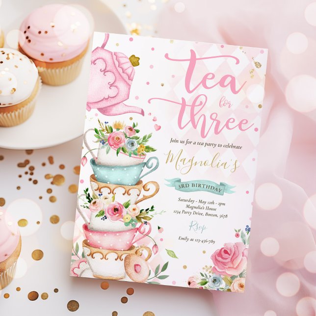 Tea för tre Födelsedagsfesters Rosa Blommigt Tea P Inbjudningar (Skapare uppladdad)