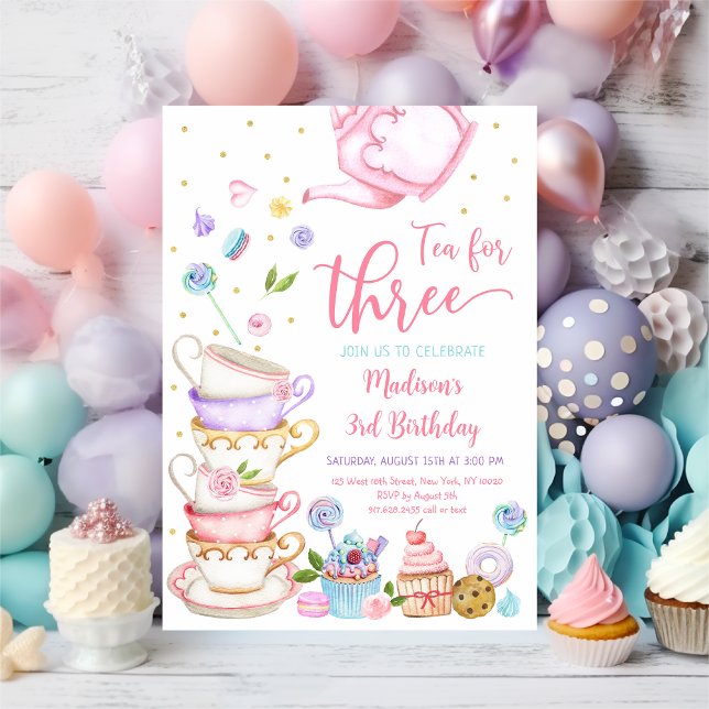 Tea för tre Rosor Party-födelsedagen Inbjudningar (Skapare uppladdad)