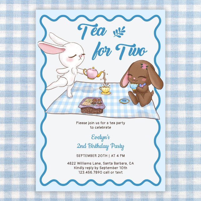 Tea för två år gammal djurtea Party 2:a födelsedag Inbjudningar (Tea Party 2nd Birthday Invitation Cute Bunny Picnic Theme for Toddler Girl)