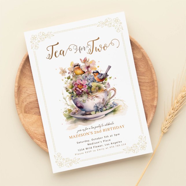 Tea för två blomfågelträdgårdstek party födelsedag inbjudningar (Skapare uppladdad)