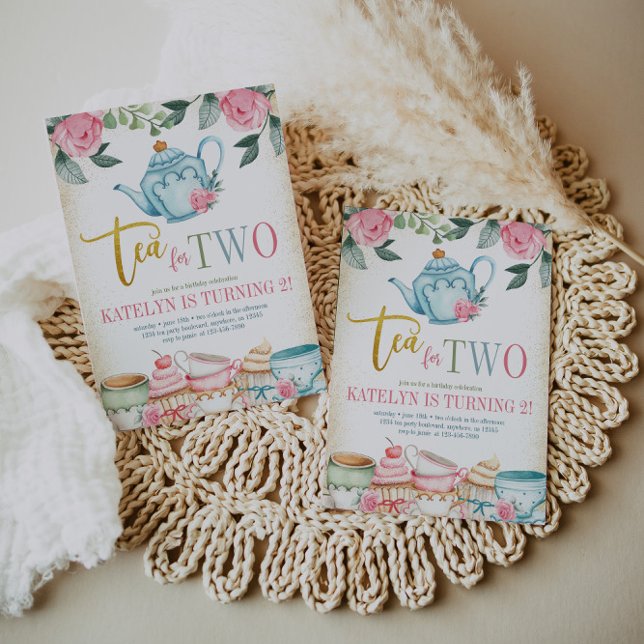 Tea för två Blommigtar, andra födelsedagen Inbjudningar (Skapare uppladdad)