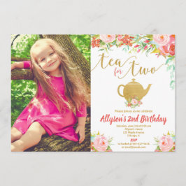 Tea för två blommigtar rosa guld 2-årsfoto inbjudningar