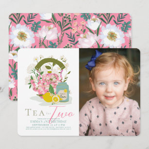 Tea för två Blommigtar Tea Party Foto 2:a födelsed Inbjudningar