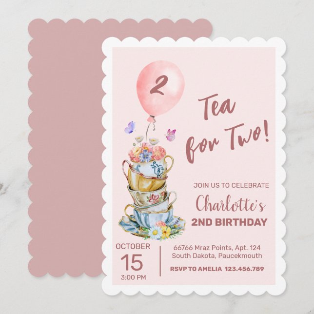 Tea för två Födelsedagsfesters Rosa Blommigt Tea P Inbjudningar (Fram/baksida)