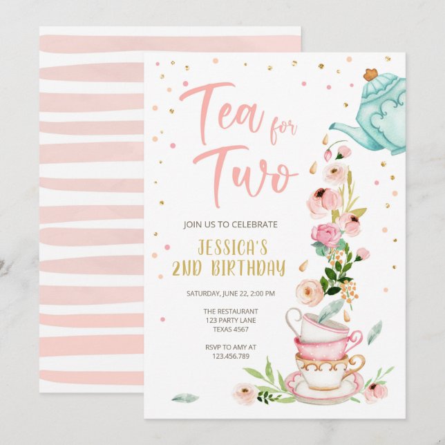 Tea för två födelsedagsinbjudningar Blommigt Tea P Inbjudningar (Fram/baksida)