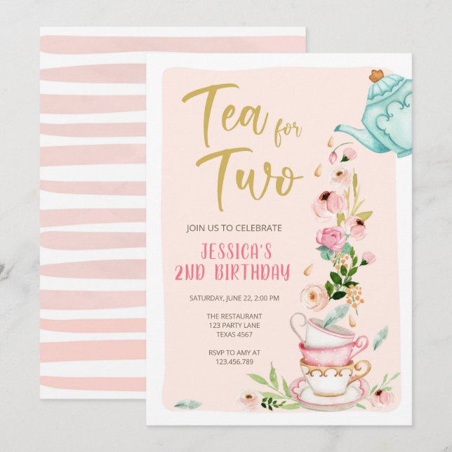 Tea för två födelsedagsinbjudningar Blommigt Tea P Inbjudningar (Fram/baksida)