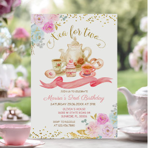 Tea för två Rosa Blommigt Födelsedagsfest inbjudan