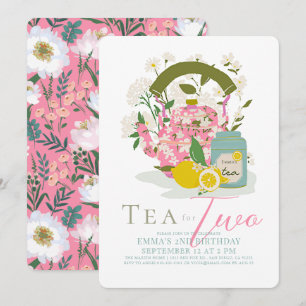 Tea för två Rosa Blommigt Tea Party 2:a födelsedag Inbjudningar